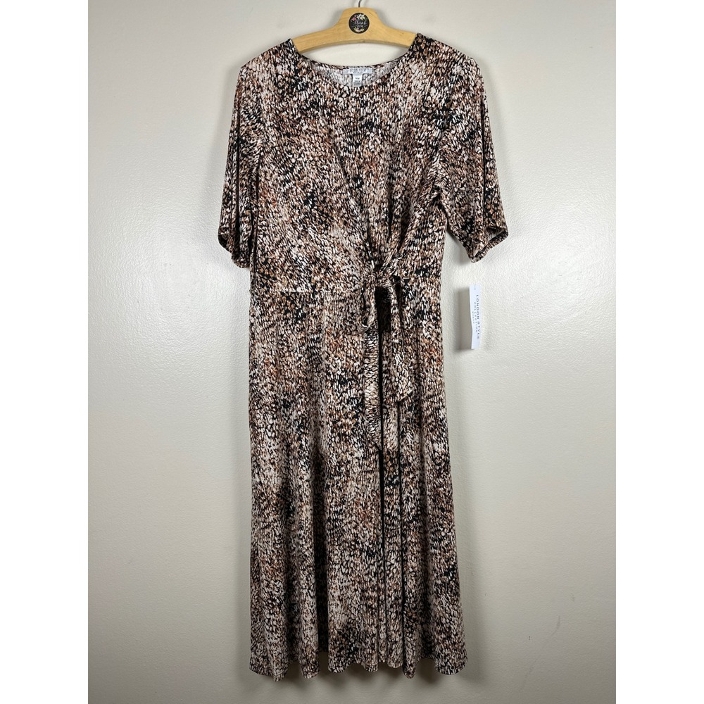 London Style Collection Womens 16W Midi Dress Brown Black Abstract Tie Waist NEW